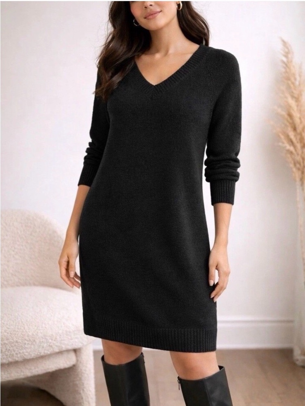 Old Navy So Soft Black V-Neck Knit Long-sleeve Sweater Dress